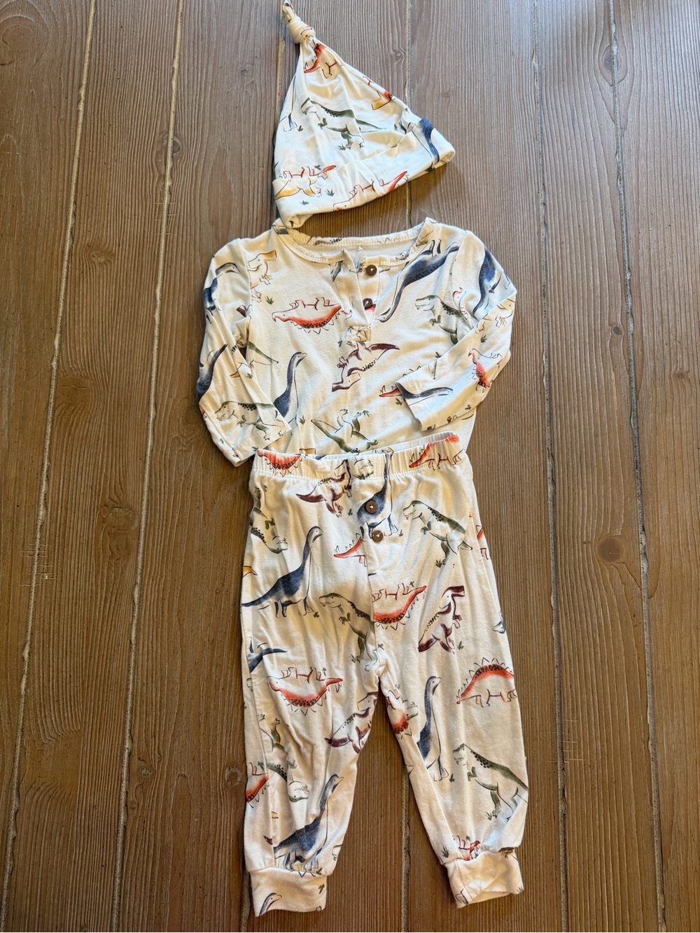 Milkberry Neutral Dinosaur Print Baby Outfit with Matching Hat